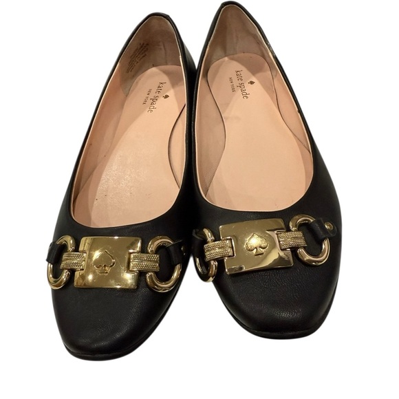 kate spade Shoes - Kate Spade New York Black Leather Ballet Flats Phoebe Size 8 Slip on Gold Logo